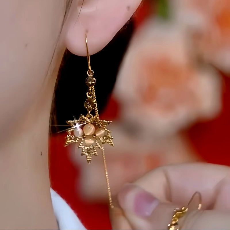 14K Gold-Plated Luxury Brown Diamond Maple Leaf Tassel Threader Earrings