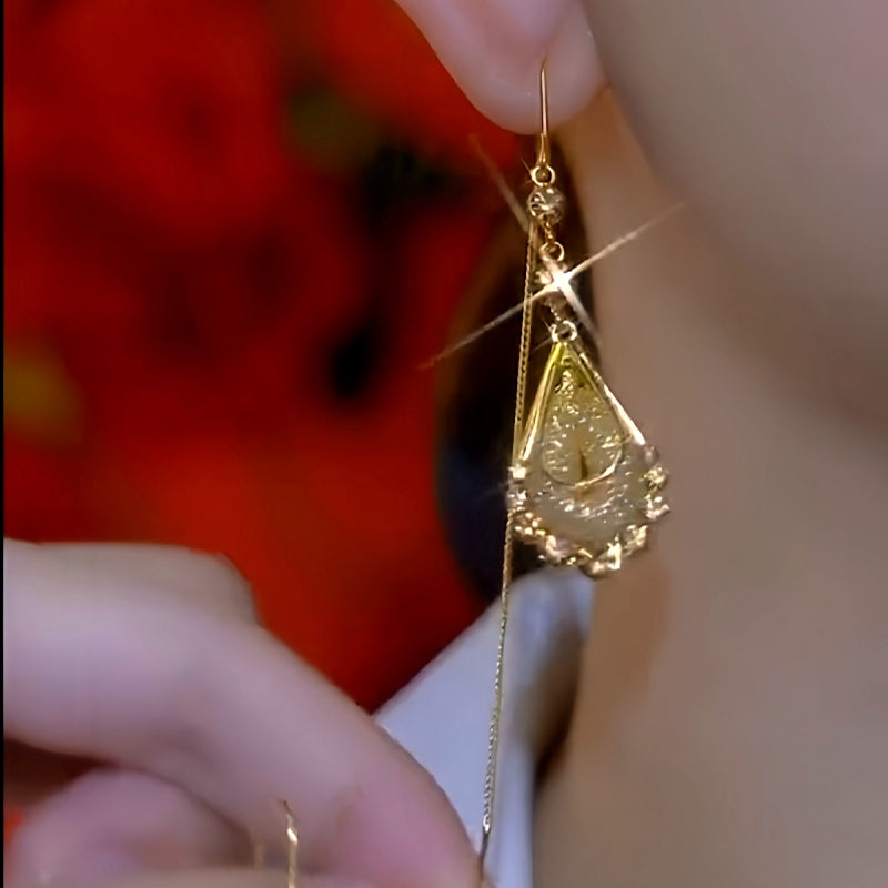 14K Gold-Plated Luxury Brown Diamond Mesh Water Drop Threader Earrings