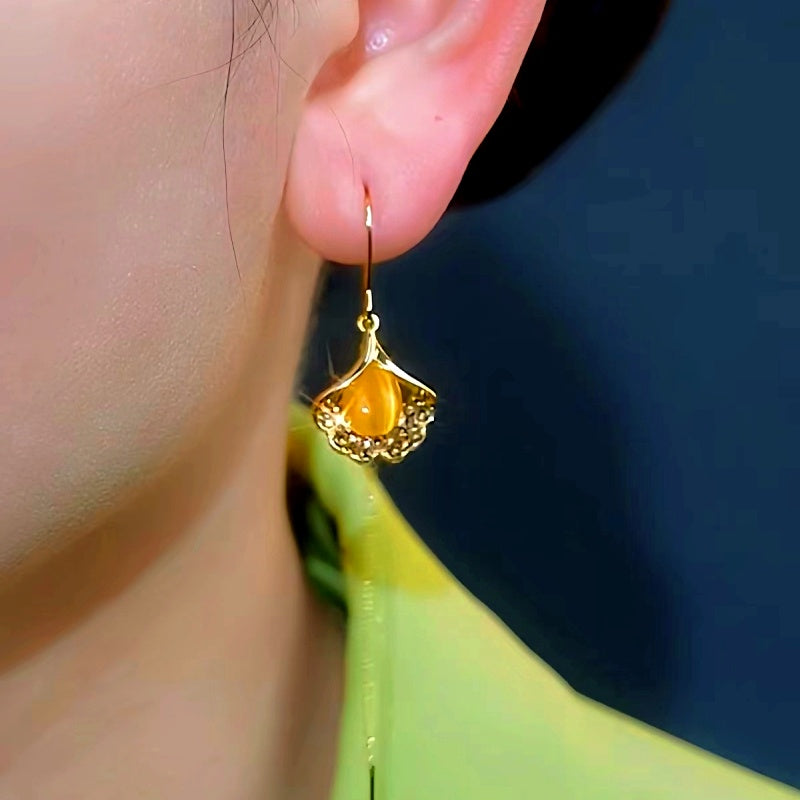 14K Gold-Plated Luxury Brown Leaf Threader Earrings