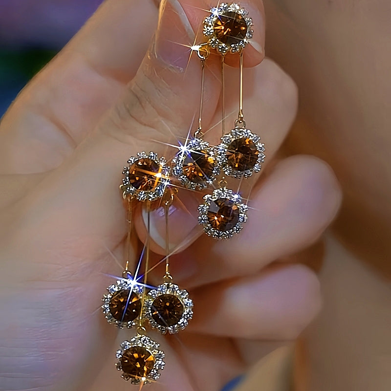 14K Gold-Plated Luxury Brown Zircon Tassel Earrings