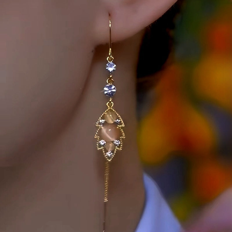 14K Gold-Plated Luxury Cat's Eye Leaf Threader Earrings