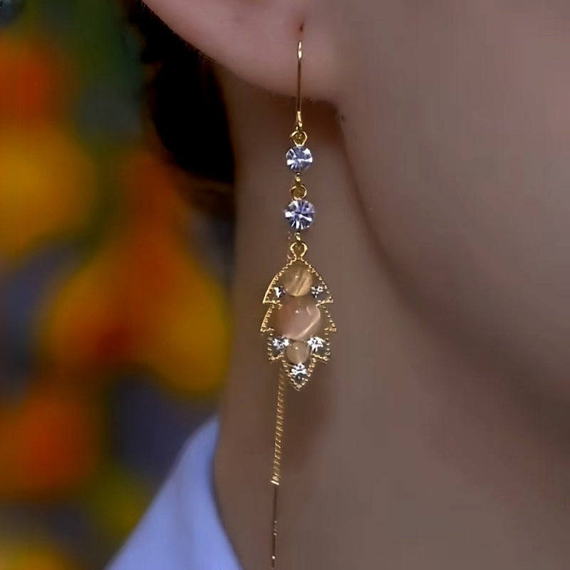 14K Gold-Plated Luxury Cat's Eye Leaf Threader Earrings