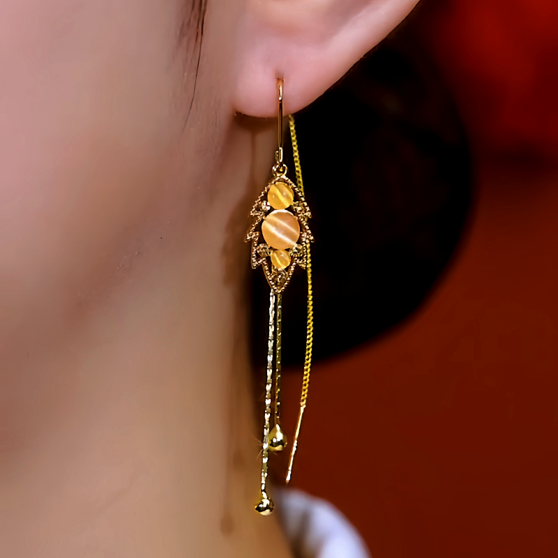 14K Gold-Plated Luxury Cat's Eye Leaf Threader Tassel Earrings