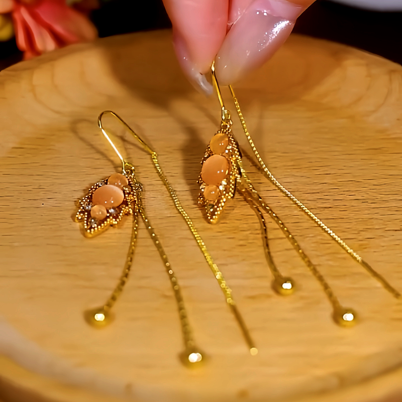 14K Gold-Plated Luxury Cat's Eye Leaf Threader Tassel Earrings