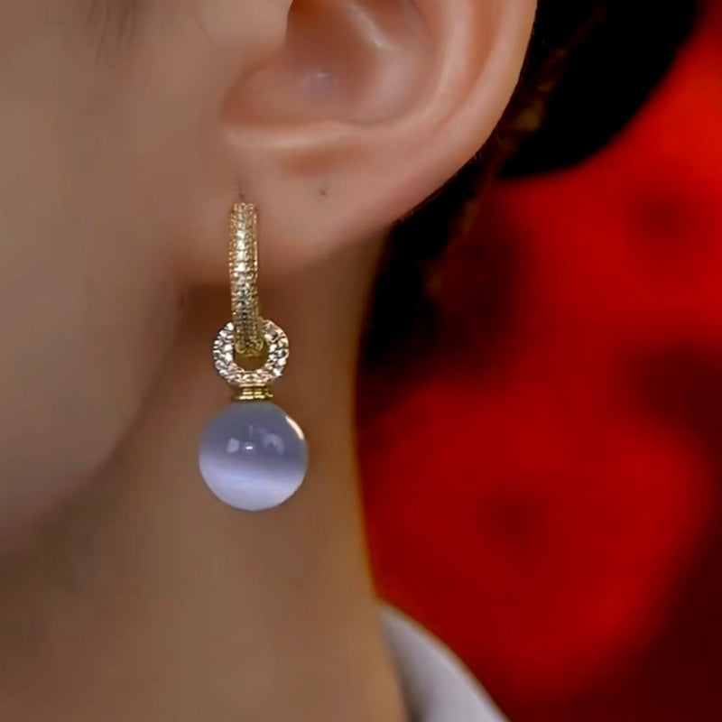 14K Gold-Plated Luxury Cat's Eye Stone Ball Earrings