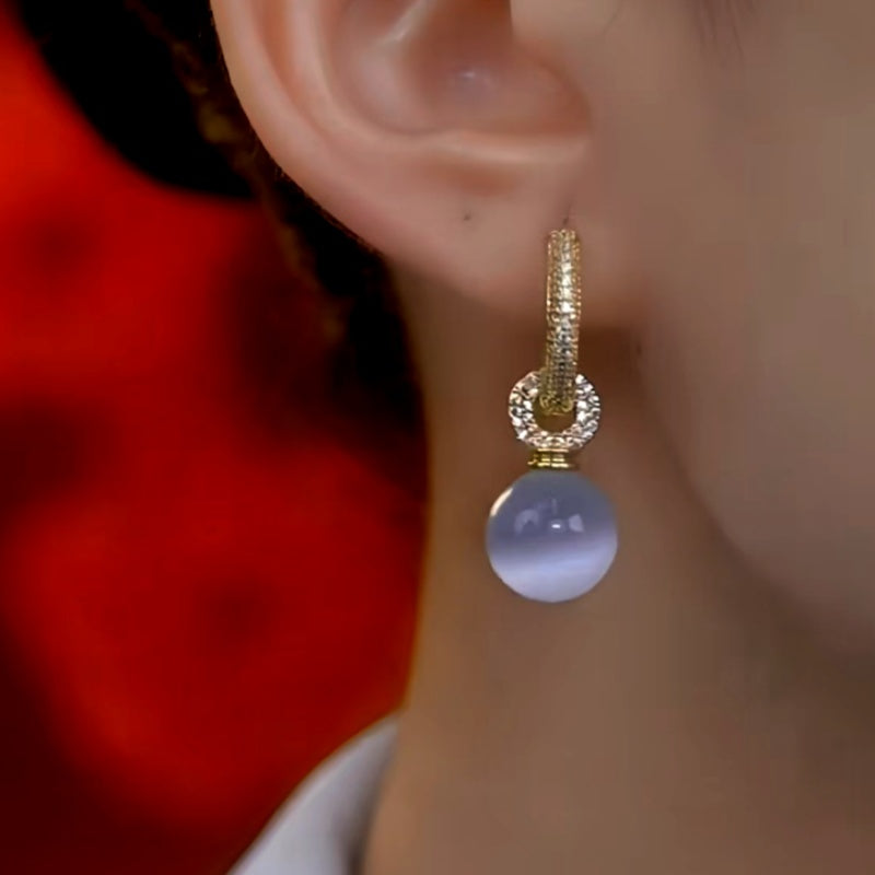 14K Gold-Plated Luxury Cat's Eye Stone Ball Earrings