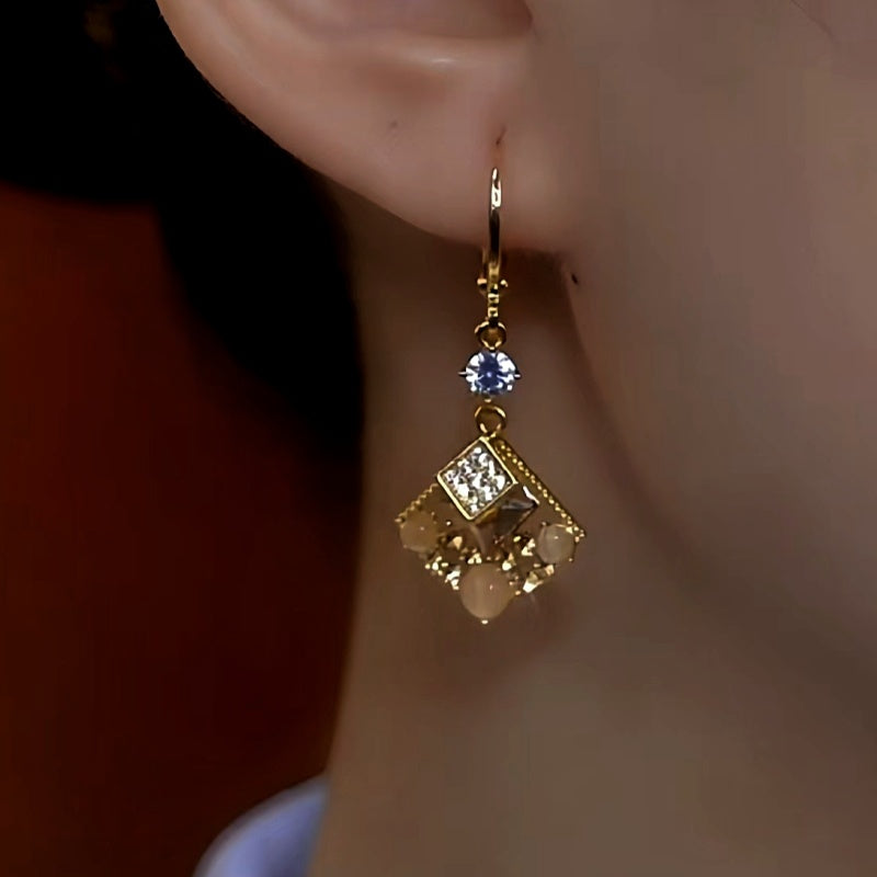 14K Gold-Plated Luxury Cat's Eye Stone Geometric Square Earrings