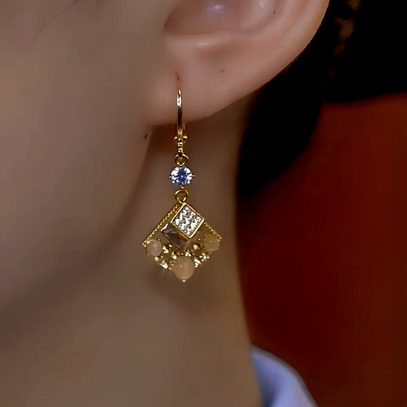 14K Gold-Plated Luxury Cat's Eye Stone Geometric Square Earrings
