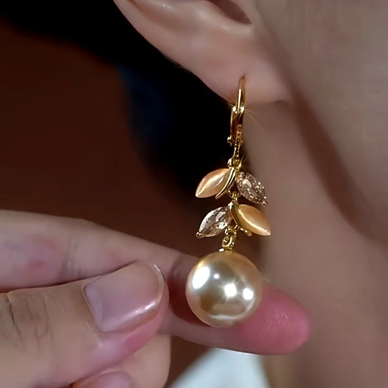 14K Gold-Plated Luxury Cat's Eye Stone Leaf Pearl Earrings