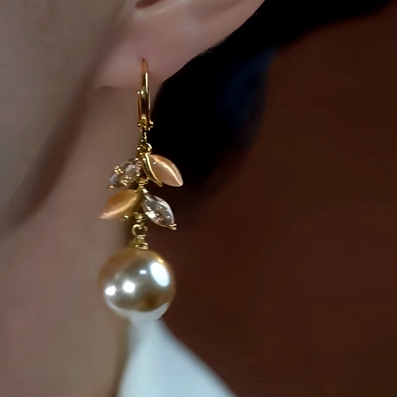 14K Gold-Plated Luxury Cat's Eye Stone Leaf Pearl Earrings