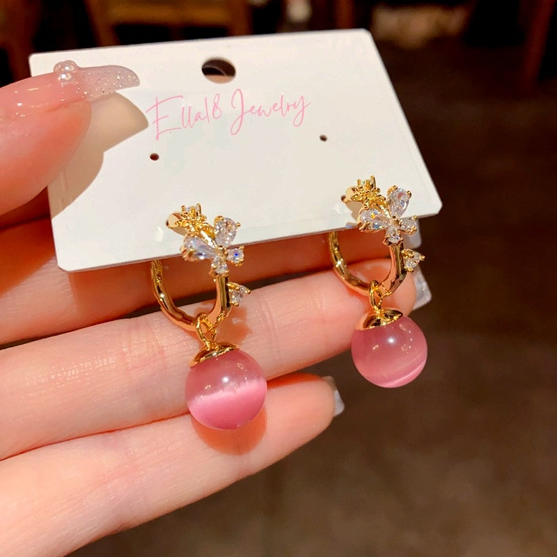 14K Gold-Plated Luxury Cat's Eye Zircon Flower Earrings