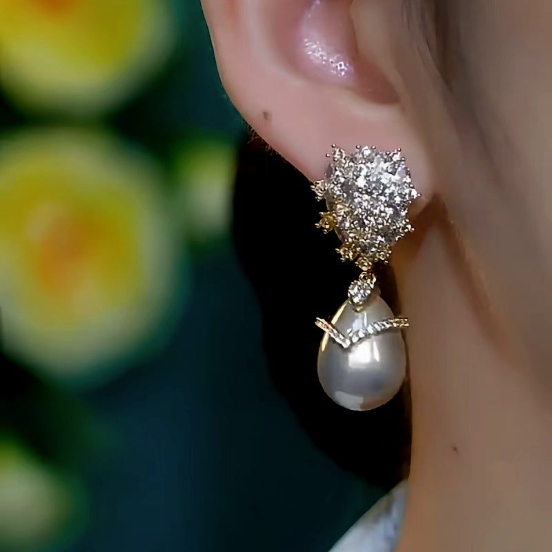 14K Gold-Plated Luxury Champagne Pearl Zircon Earrings