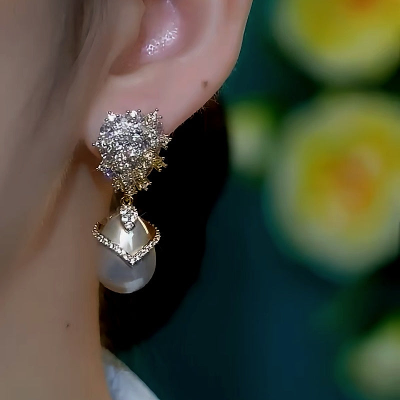 14K Gold-Plated Luxury Champagne Pearl Zircon Earrings