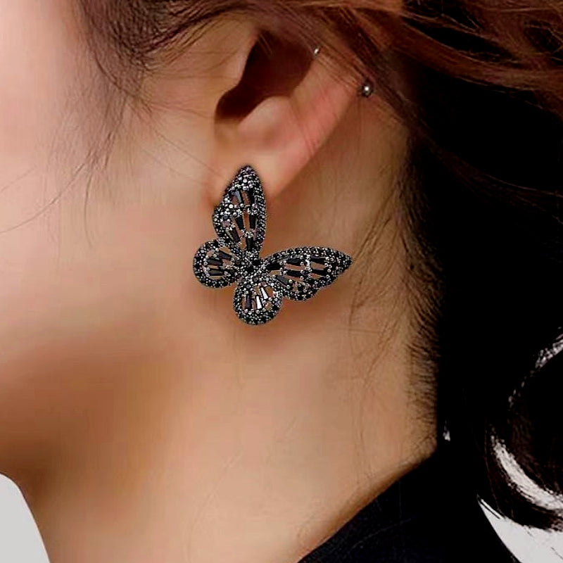 14K Gold-Plated Luxury Crystal Black Butterfly Earrings