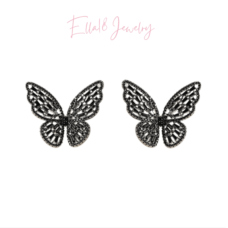 14K Gold-Plated Luxury Crystal Black Butterfly Earrings