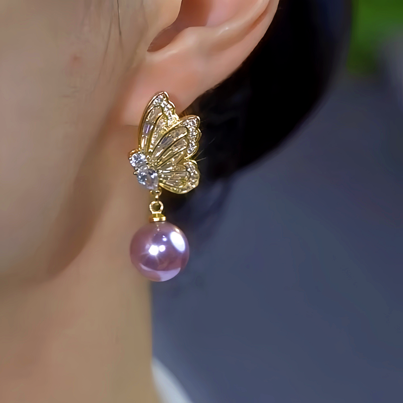 14K Gold-Plated Luxury Diamond Butterfly Purple Pearl Earrings