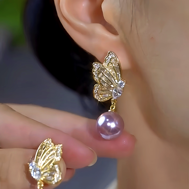 14K Gold-Plated Luxury Diamond Butterfly Purple Pearl Earrings