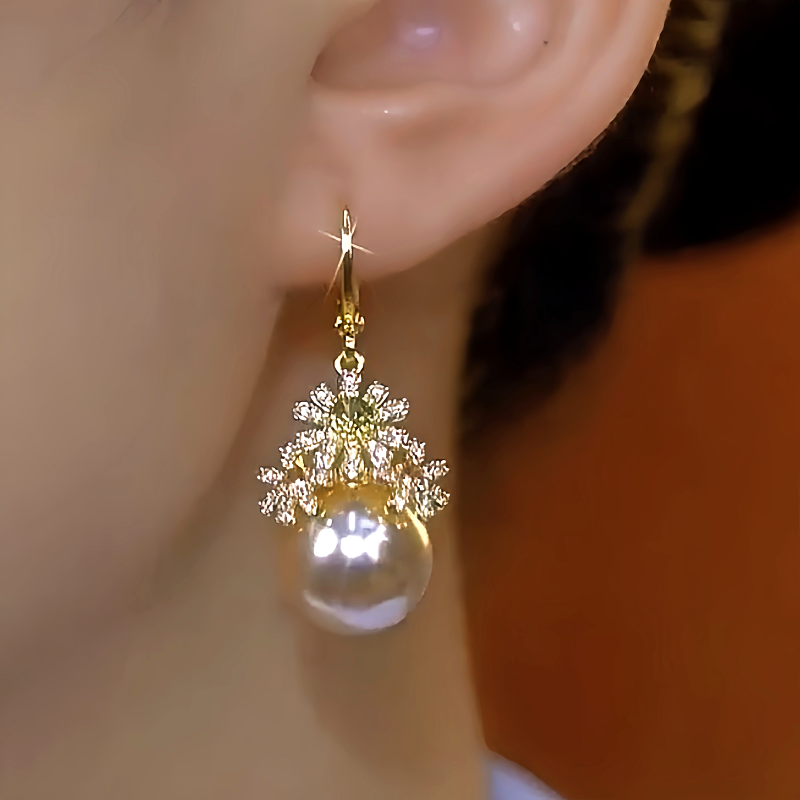 14K Gold-Plated Luxury Diamond Flower Pearl Earrings