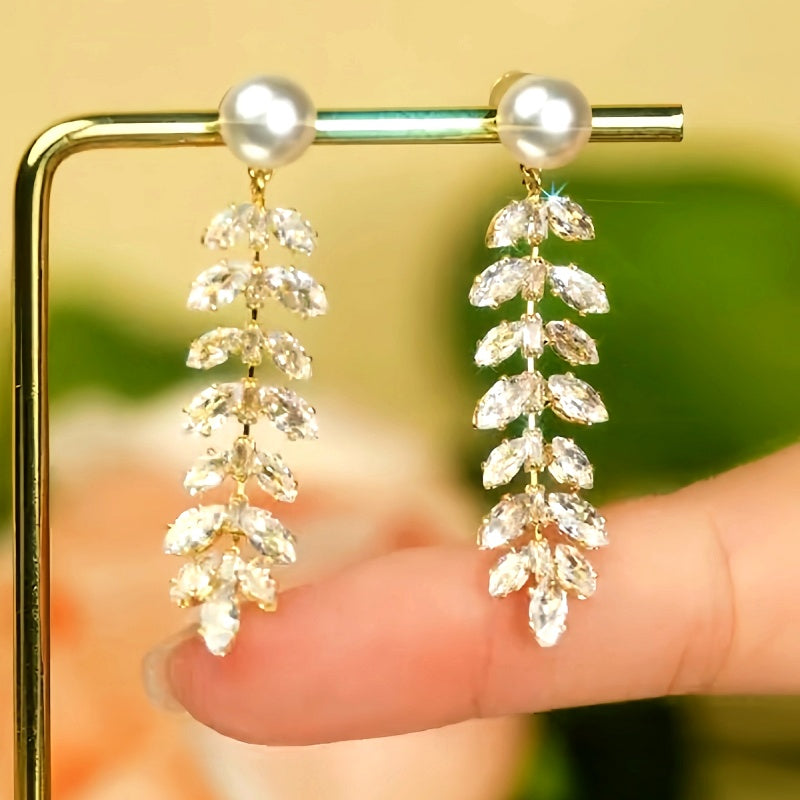 14K Gold-Plated Luxury Diamond Leaf Earrings