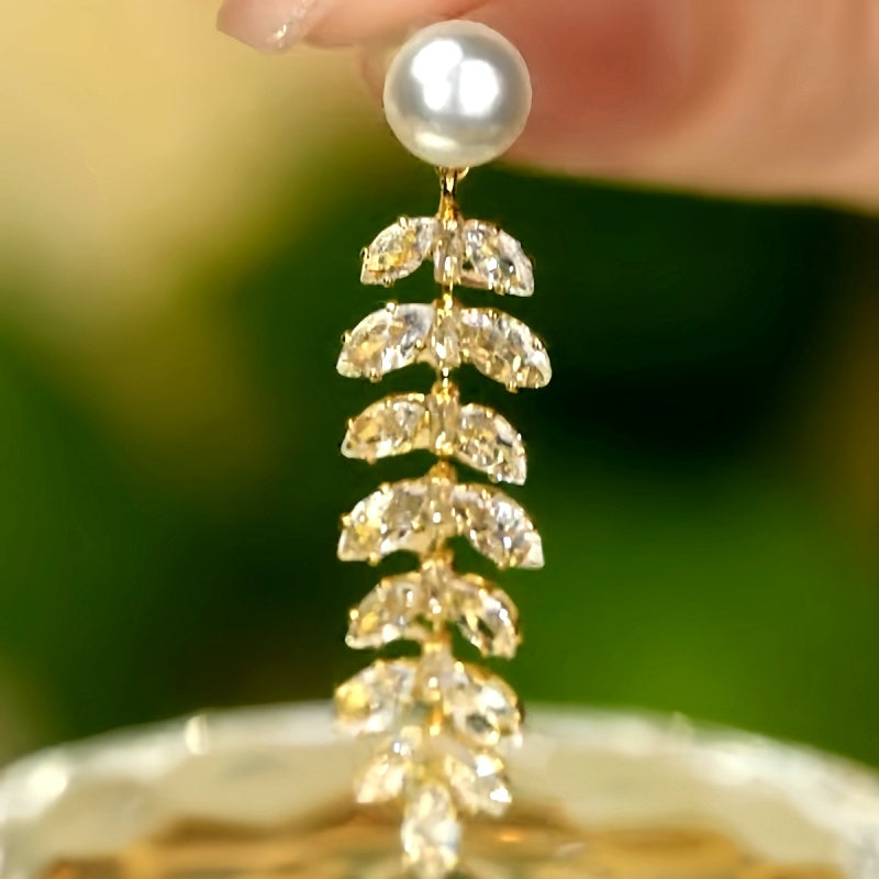 14K Gold-Plated Luxury Diamond Leaf Earrings