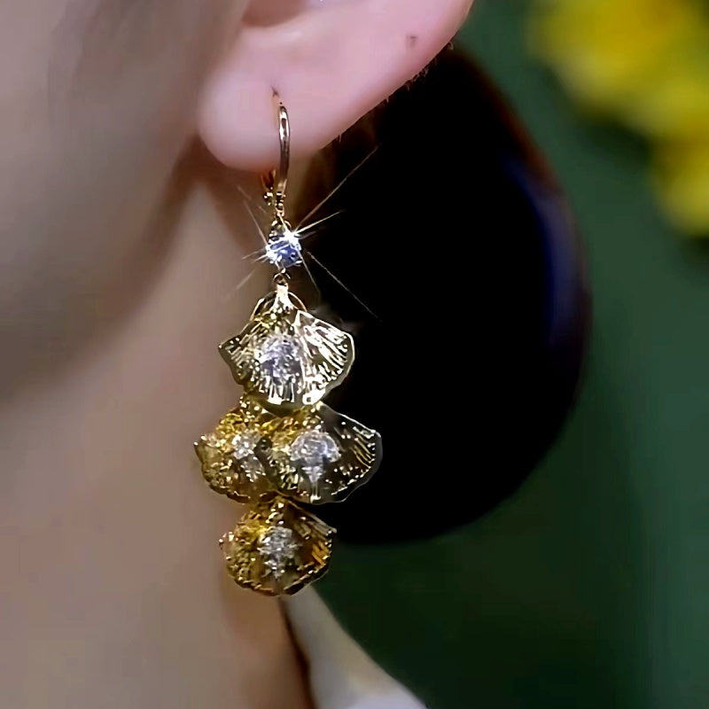 14K Gold-Plated Luxury Diamond Leaf Tassel Earrings