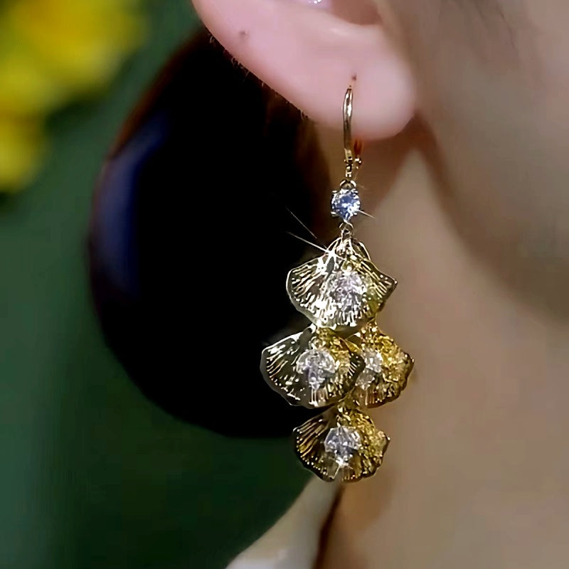 14K Gold-Plated Luxury Diamond Leaf Tassel Earrings