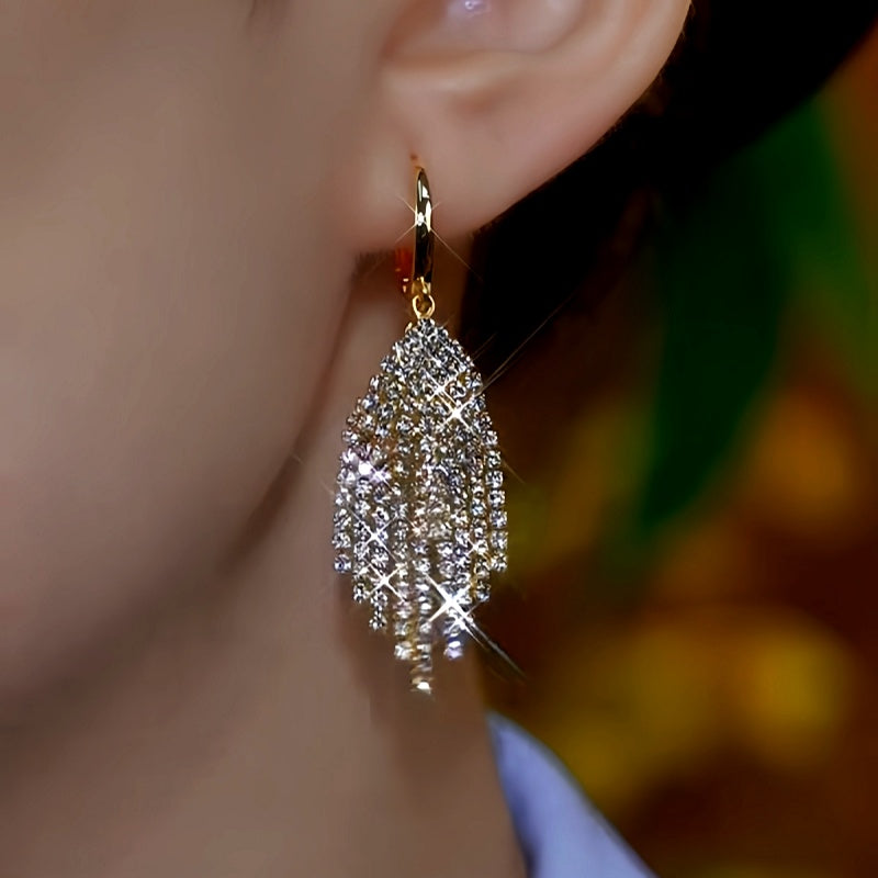 14K Gold-Plated Luxury Diamond Leaf Tassel Earrings