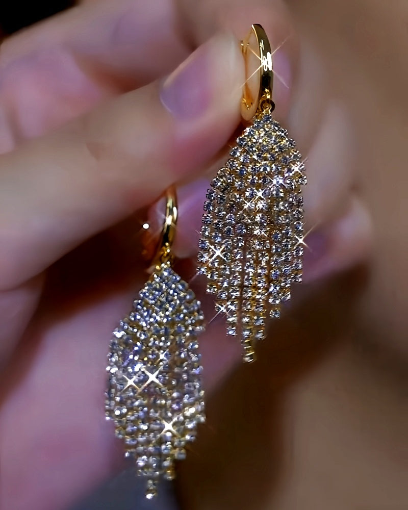 14K Gold-Plated Luxury Diamond Leaf Tassel Earrings
