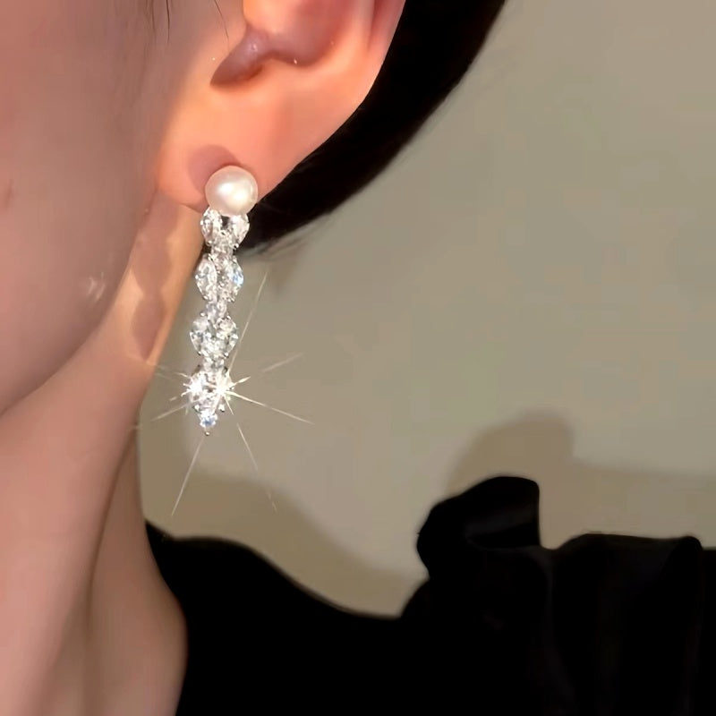 14K Gold-Plated Luxury Diamond Pearl Earrings