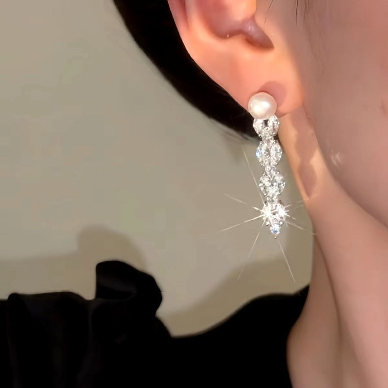 14K Gold-Plated Luxury Diamond Pearl Earrings
