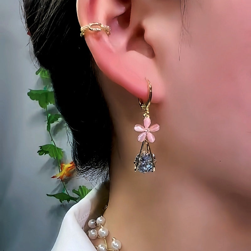 14K Gold-Plated Luxury Diamond Pink Flower Earrings