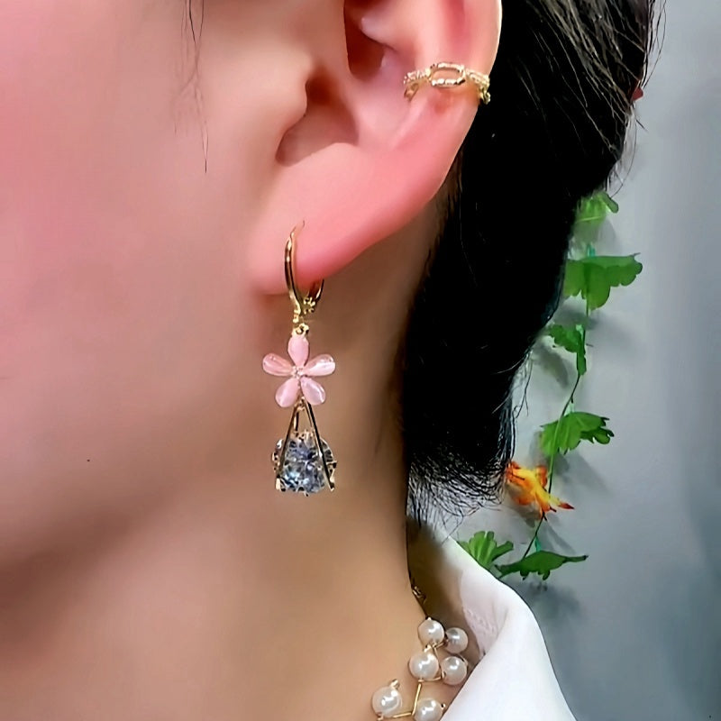 14K Gold-Plated Luxury Diamond Pink Flower Earrings