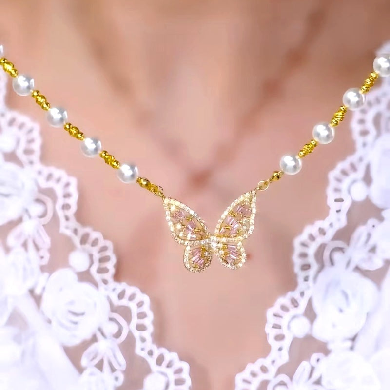 14K Gold-Plated Luxury French Bead Butterfly Pendant Necklaces