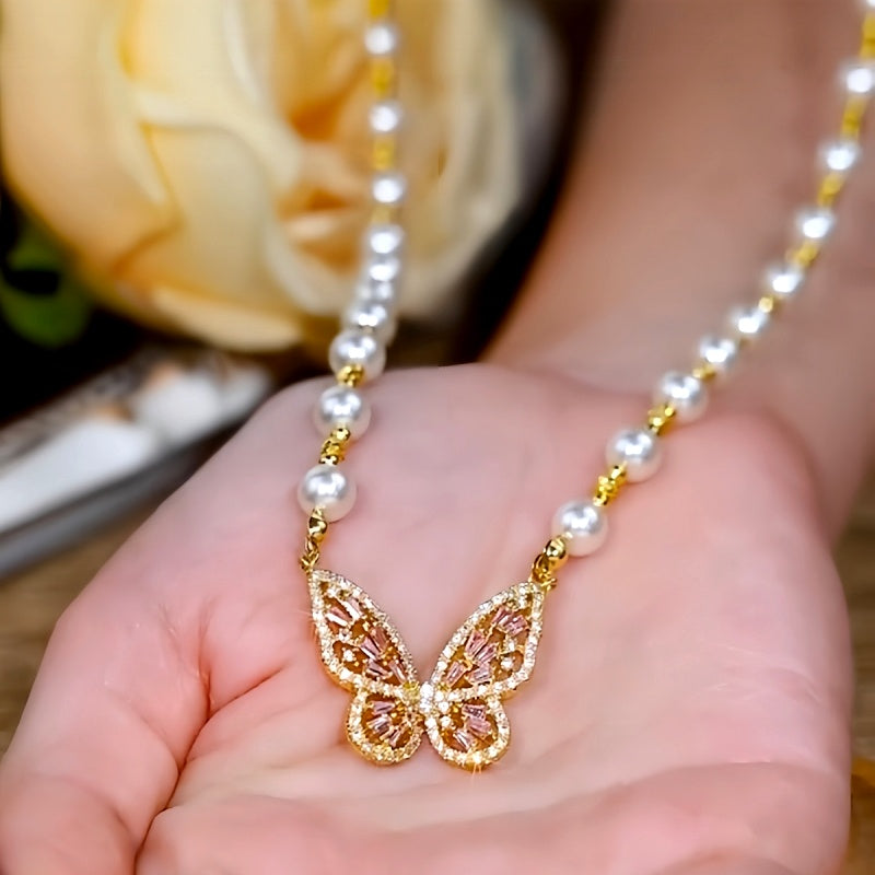 14K Gold-Plated Luxury French Bead Butterfly Pendant Necklaces