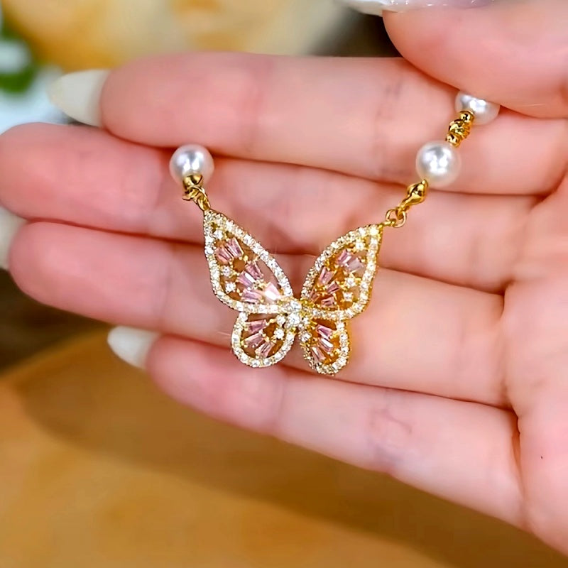 14K Gold-Plated Luxury French Bead Butterfly Pendant Necklaces