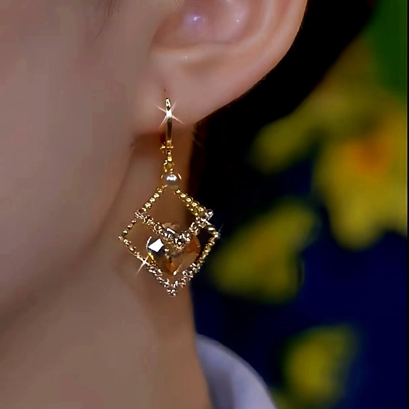 14K Gold-Plated Luxury Geometric Diamond Brown Crystal Earrings