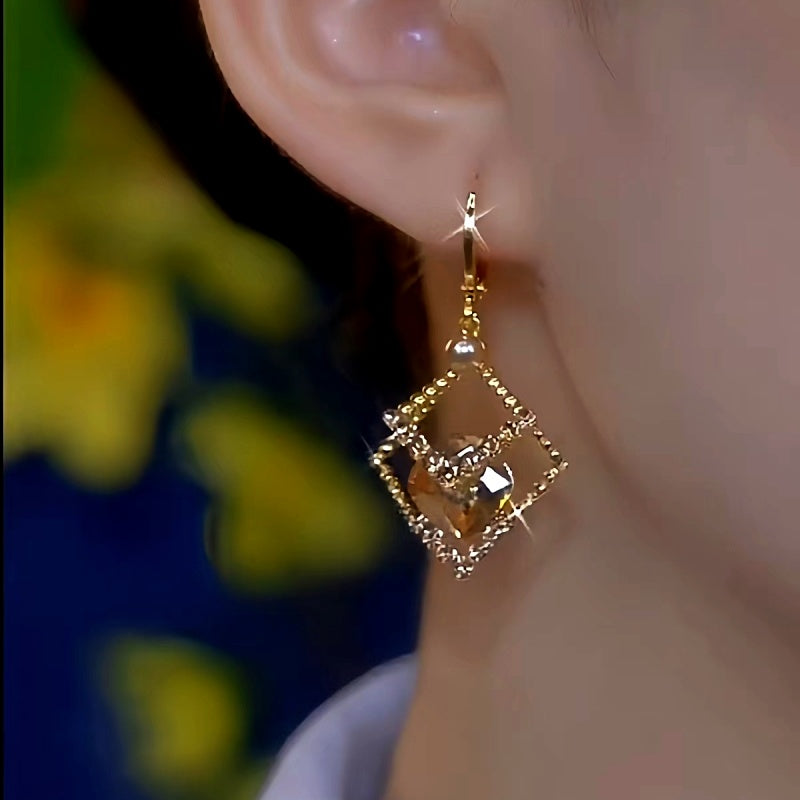 14K Gold-Plated Luxury Geometric Diamond Brown Crystal Earrings