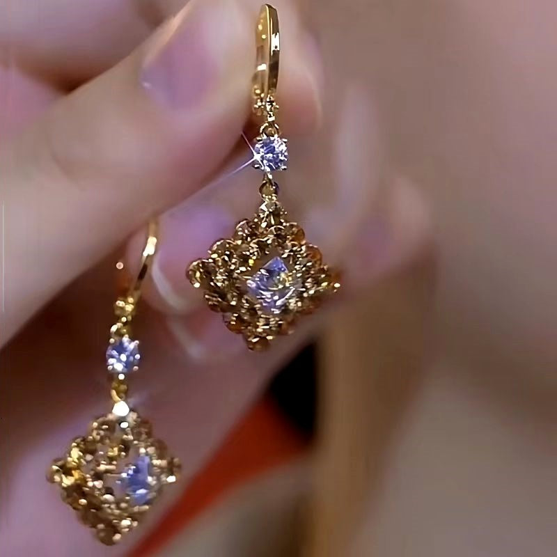 14K Gold-Plated Luxury Geometric Square Brown Diamond Earrings