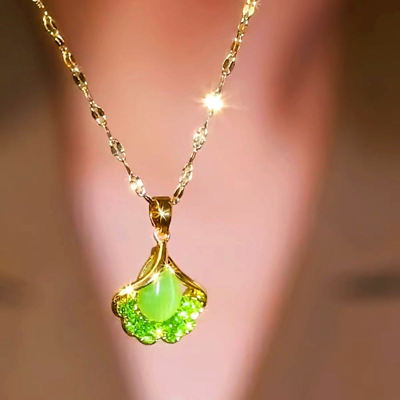 14K Gold-Plated Luxury Green Cat's Eye Leaf Necklaces