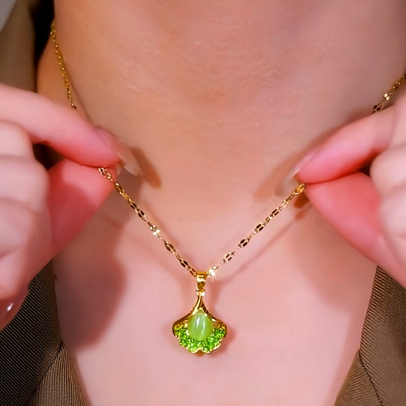 14K Gold-Plated Luxury Green Cat's Eye Leaf Necklaces