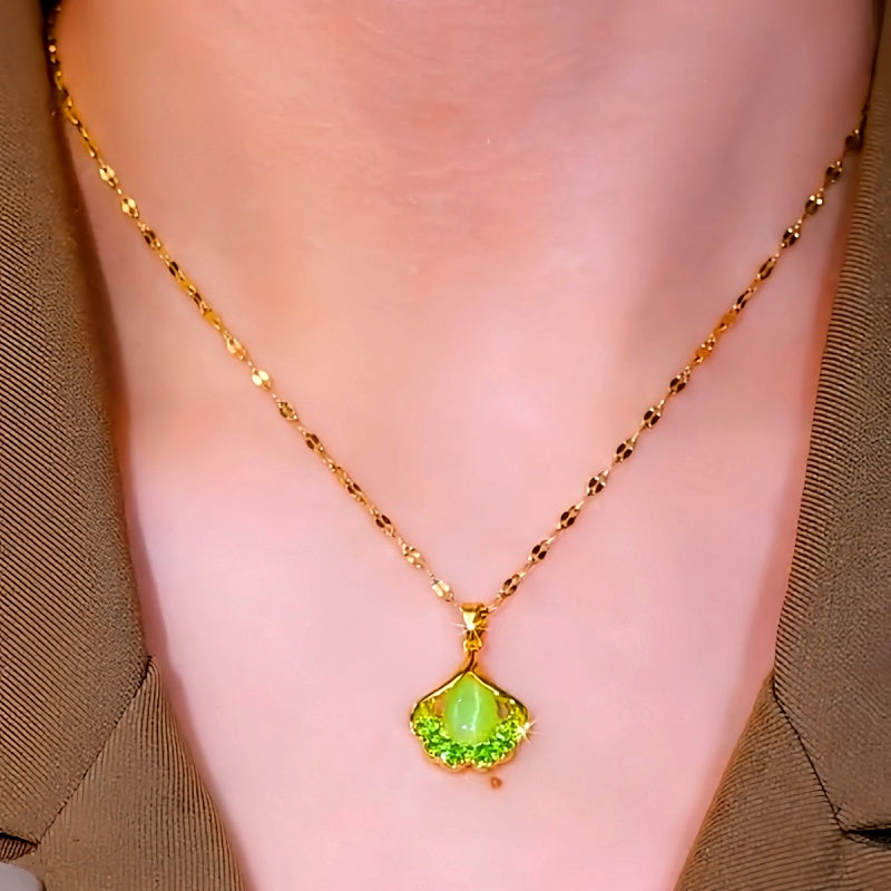 14K Gold-Plated Luxury Green Cat's Eye Leaf Necklaces