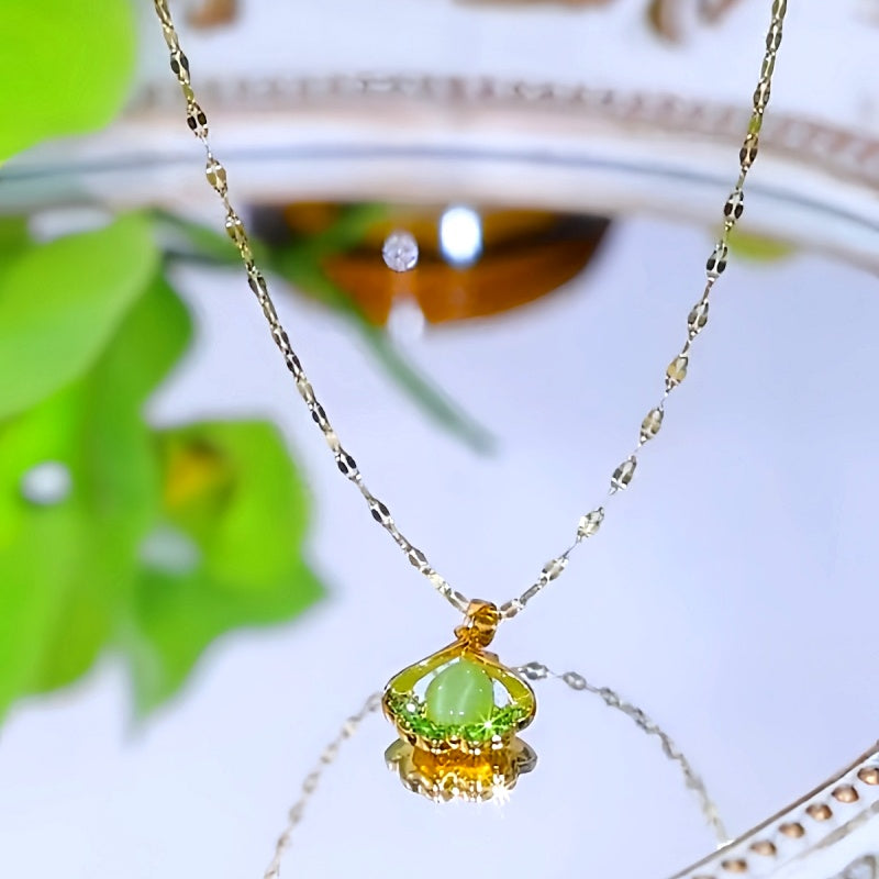 14K Gold-Plated Luxury Green Cat's Eye Leaf Necklaces
