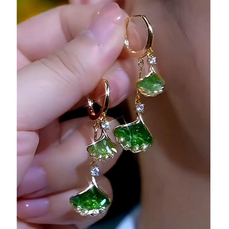 14K Gold-Plated Luxury Green Crystal Leaf Earrings