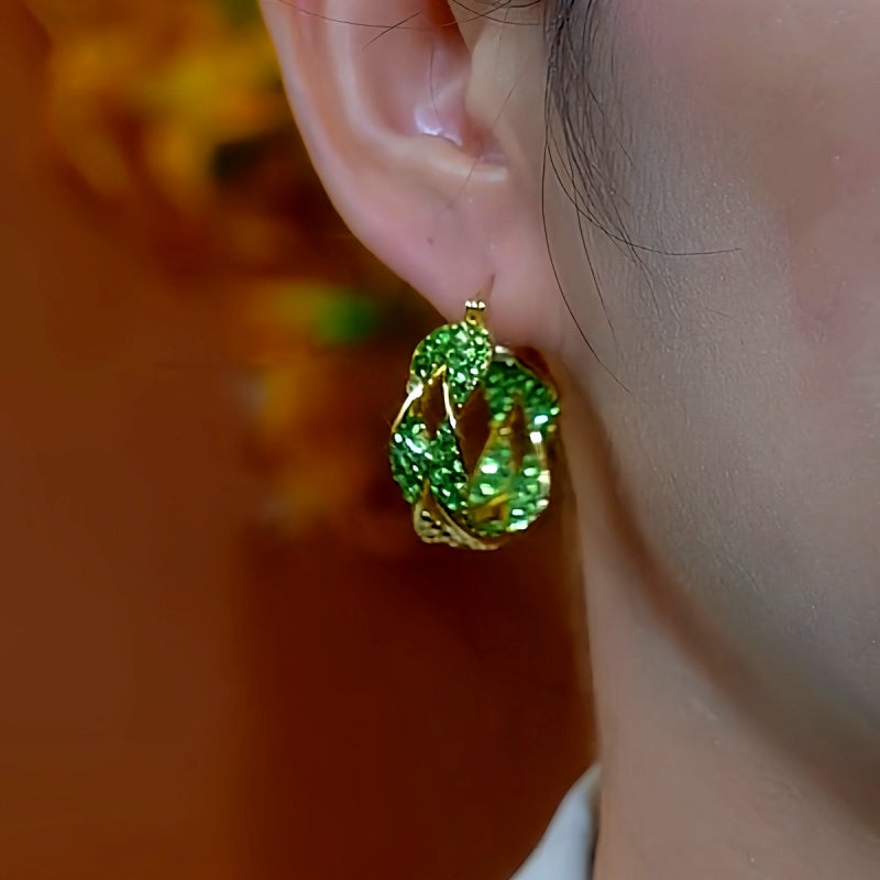 14K Gold-Plated Luxury Green Crystal Twisted Earrings
