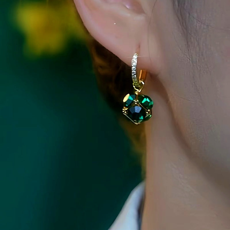 14K Gold-Plated Luxury Green Diamond Ball Earrings