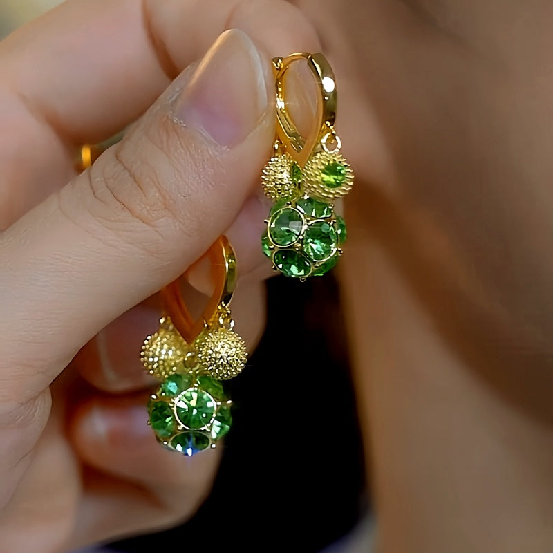 14K Gold-Plated Luxury Green Diamond Ball Earrings