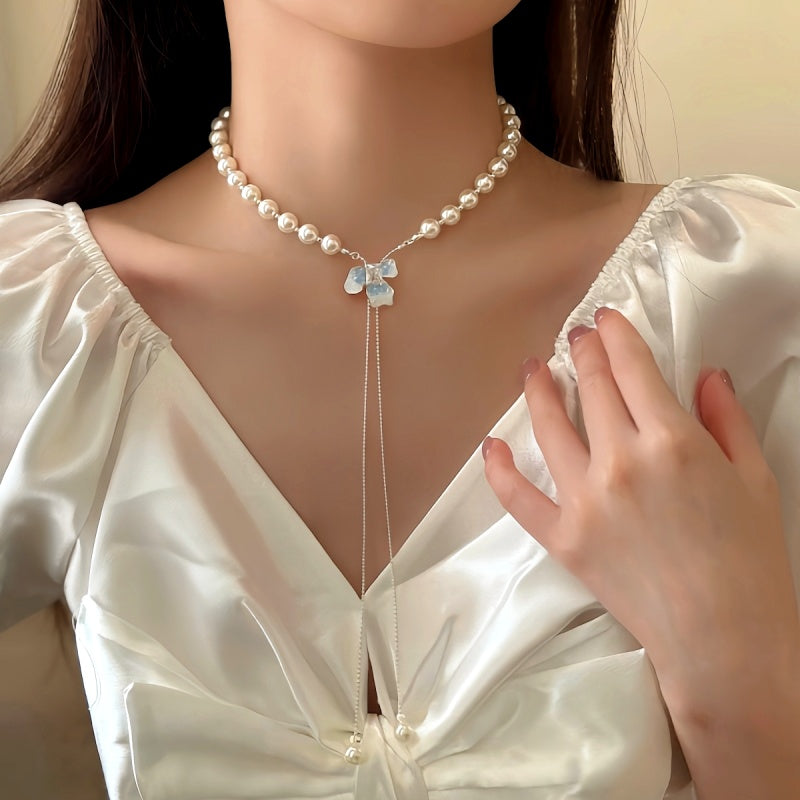 14K Gold-Plated Luxury Pearl Blue Iris Ice Crystal Butterfly Necklaces