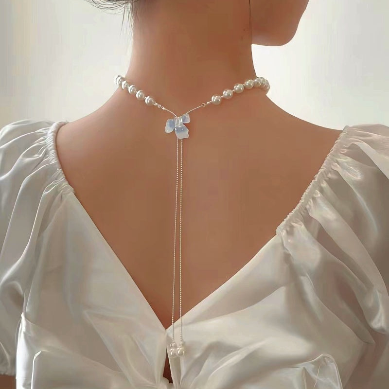 14K Gold-Plated Luxury Pearl Blue Iris Ice Crystal Butterfly Necklaces