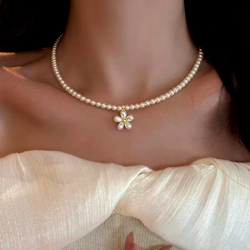 14K Gold-Plated Luxury Pearl Flower Pendant Millet Bead Necklace