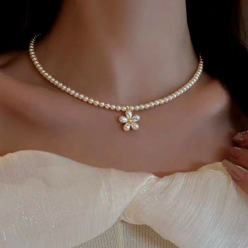 14K Gold-Plated Luxury Pearl Flower Pendant Millet Bead Necklace